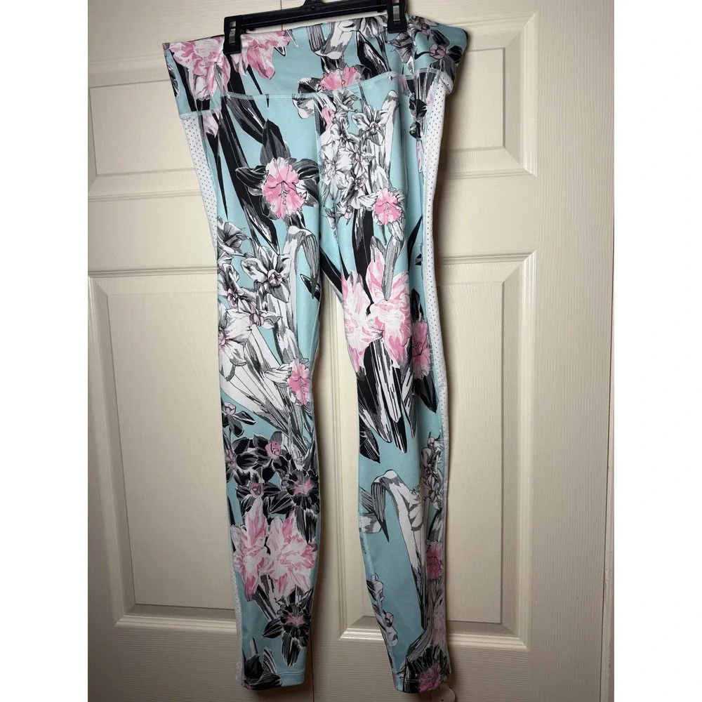 Nike Womens 2XL Floral Print Mesh Panel Leggings Blue Pink